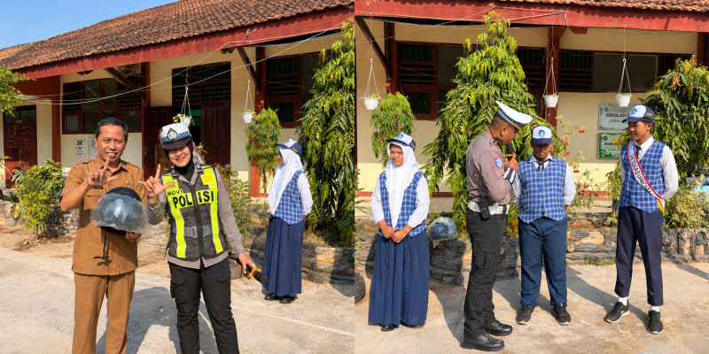 Anggota Satlantas saat membagikan helm kepada Guru dan Siswa.SMPN 5 Sumenep 